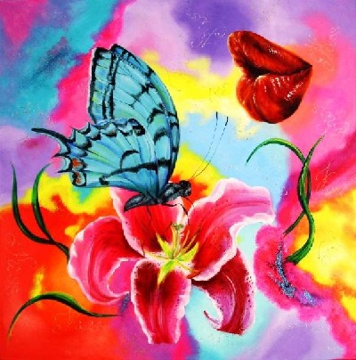 ''Butterfly kiss'', 2008, 100x100 acryl p� l�rred, 3500 Dkk ( file udstilling 006.jpg) For sale in Gallery Art Danish, Irmingersgade 13, 2100 K�benhavn �